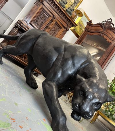 Large black bronze puma statue