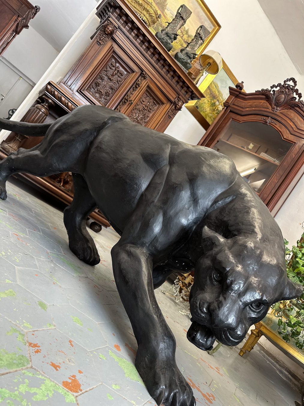 Large black bronze puma statue