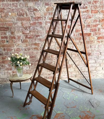 antique oak library step ladder folding steps