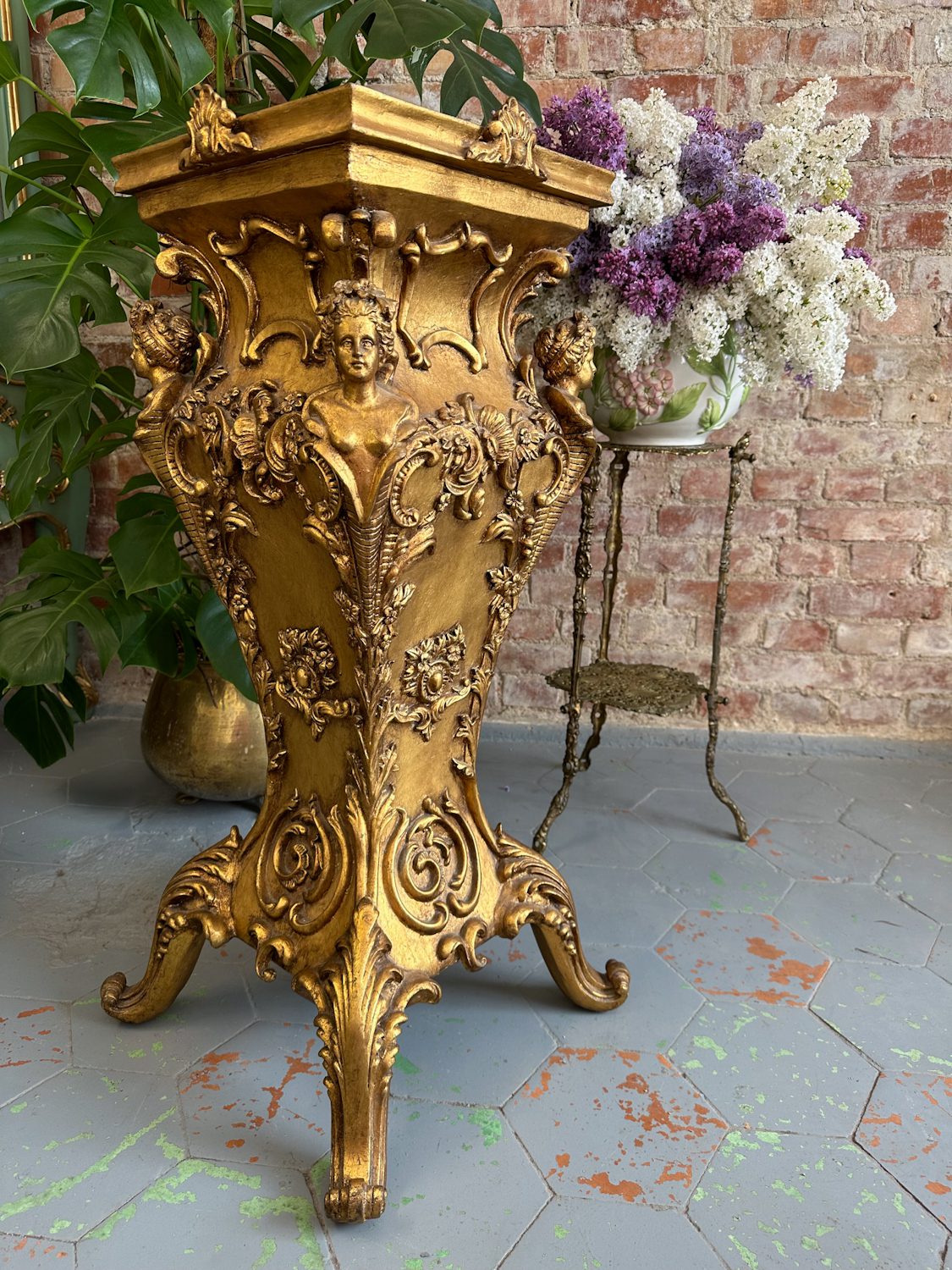IMG_9368 Carved giltwood pedestal with four caryatid figures and rococo floral ornament