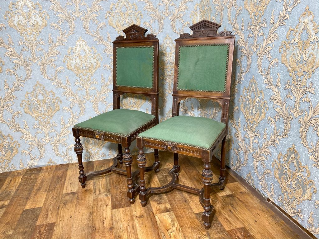 Grønne spisestuestole, valnød, historisme, 6 stk. (528)