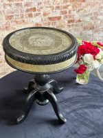 Small black moorish side table with embossed silver metal top