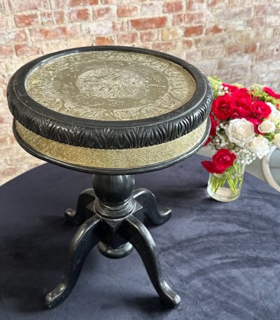 Small black moorish side table with embossed silver metal top