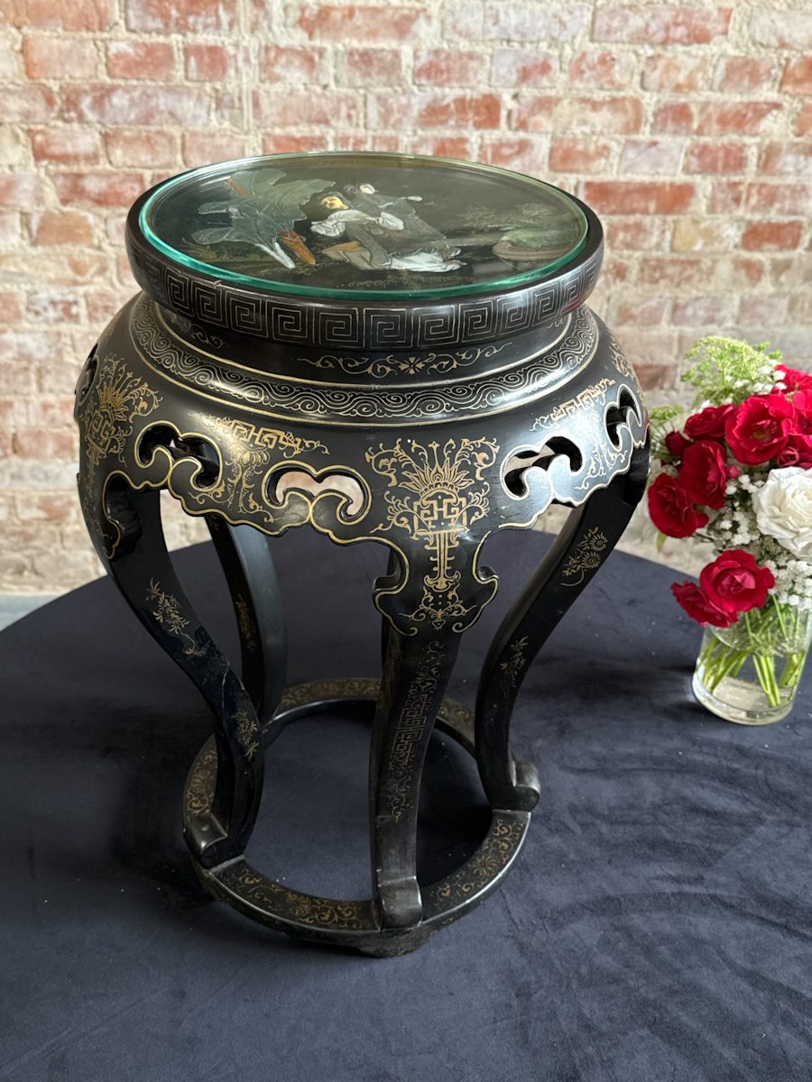 IMG_9450 Japanese style black side table with glass top and gold painted motifs