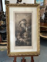Monumentāls Antīks Mākslas Prints "Abend" Krāšņā Zelta Rāmī (large antique allegorical print) — Akadēmiskā un simbolisma žanrā, (4154)