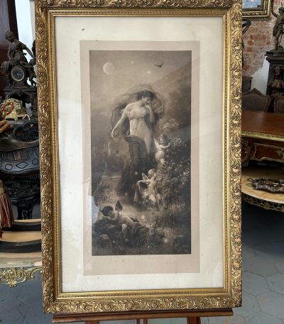 Antik "Abend" kunstprint i forgyldt ramme
