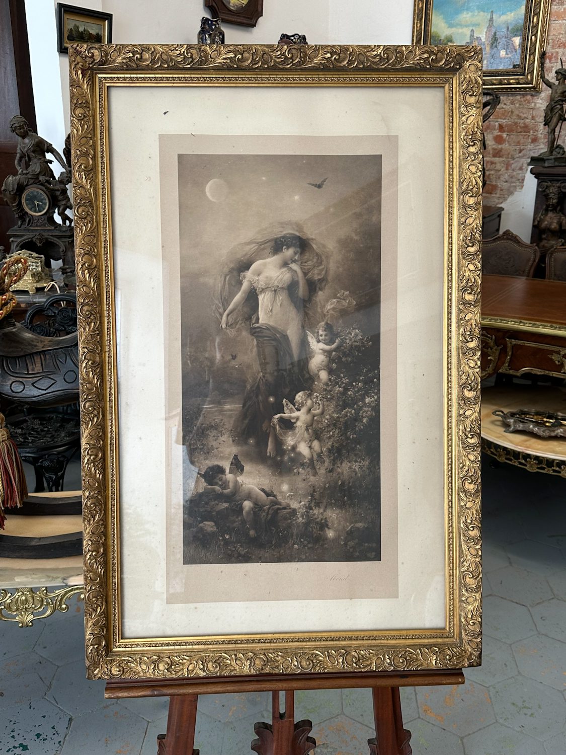 Monumentāls Antīks Mākslas Prints "Abend" Krāšņā Zelta Rāmī (large antique allegorical print) — Akadēmiskā un simbolisma žanrā, (4154) - Image 1