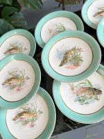 Grezna antīka porcelāna zivju servīze ar tirkīza apmali — historisma stilā - antique french fish service porcelain plates set (4074) - Image 4