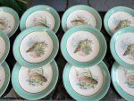 Grezna antīka porcelāna zivju servīze ar tirkīza apmali — historisma stilā - antique french fish service porcelain plates set (4074) - Image 5