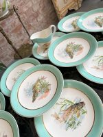 Grezna antīka porcelāna zivju servīze ar tirkīza apmali — historisma stilā - antique french fish service porcelain plates set (4074) - Image 12