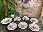 antique porcelain tea and coffee service with rich purple and yellow pansies pattern for six persons