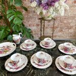 antique porcelain tea and coffee service with rich purple and yellow pansies pattern for six persons