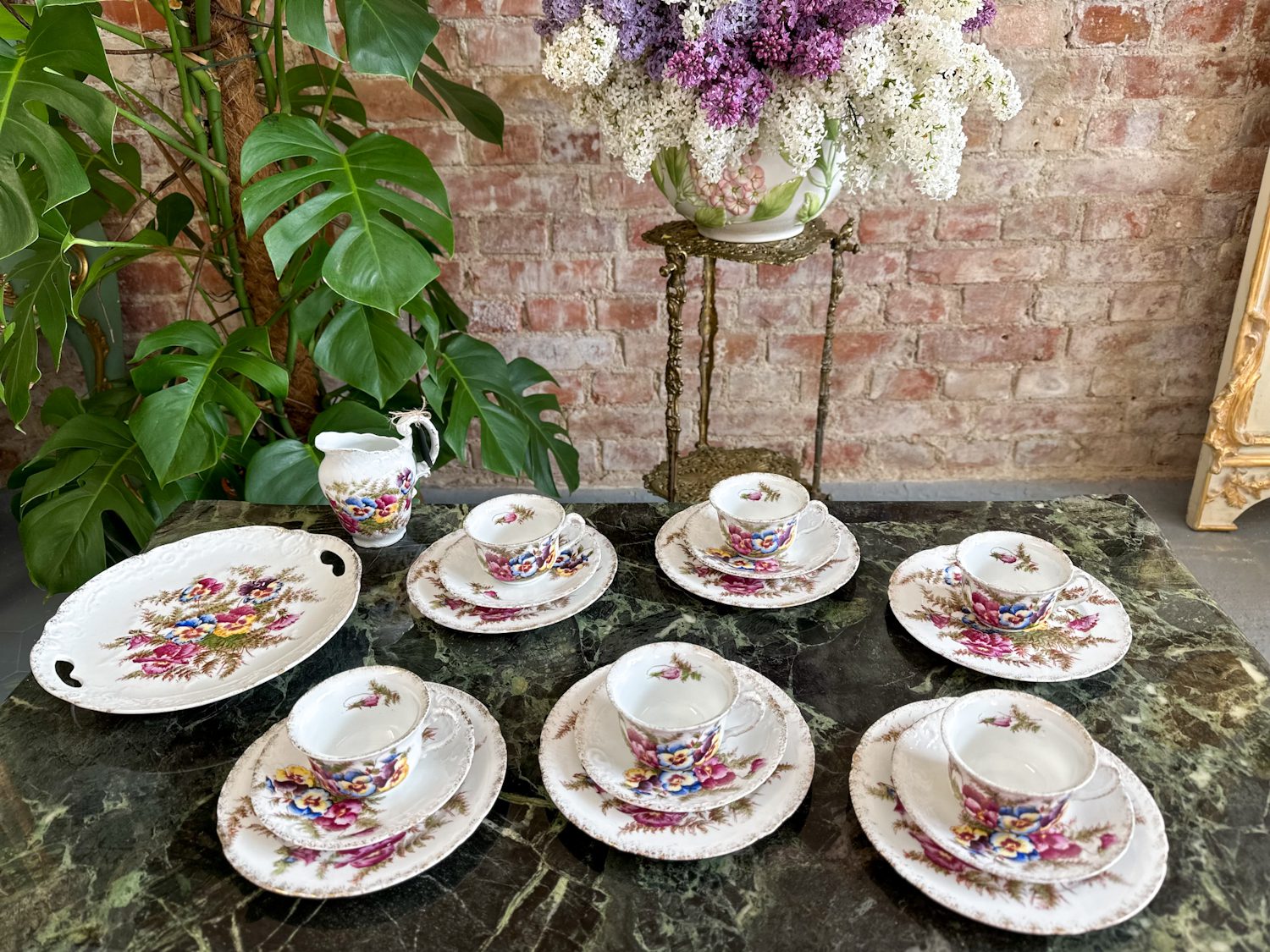 IMG_9794 antique porcelain tea and coffee service with rich purple and yellow pansies pattern for six persons