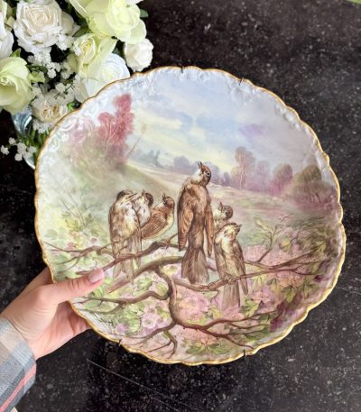 Antik fransk Limoges porcelænsfad med sangfuglemaleri (6705)