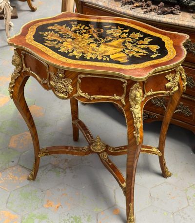 Luxurious, Tall Wooden Table with Extensive Bronze Detailing, Inlaid Tabletop with Removable