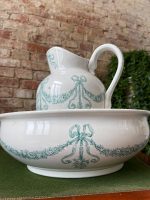 Antīks franču fajansa vannasistabas komplekts: krūze un bļoda — antique ceramic wash basin — 19. gs. beigas (2230) - Image 2