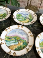 Grezni antīki porcelāna šķīvji ar ainavām un zeltu — historisma stilā - antique hand painted landscape plates (4076) - Image 6