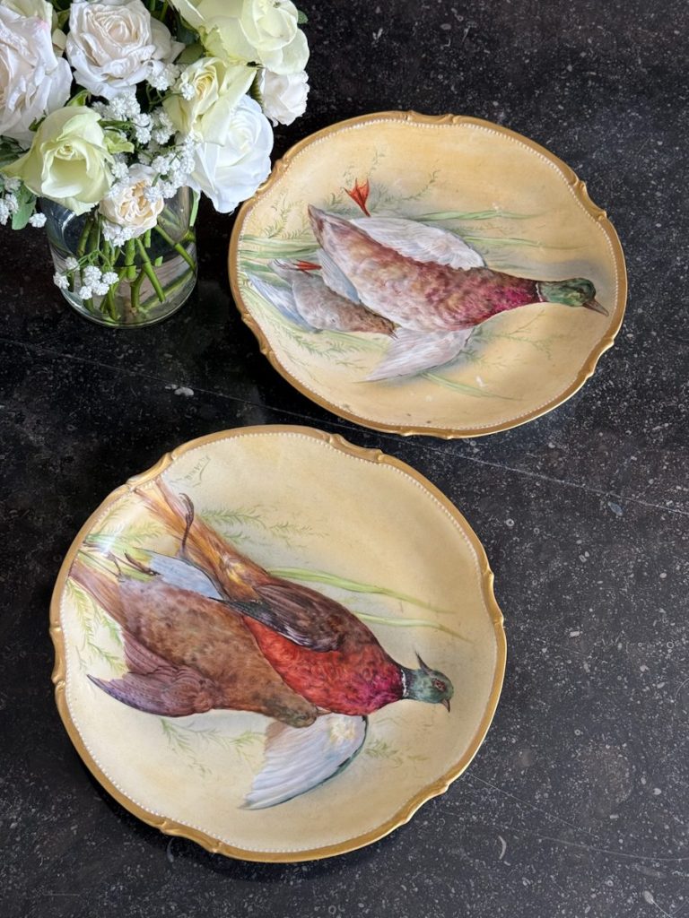 Antikke franske Limoges porcelænsfade med jagtfugle (6709)