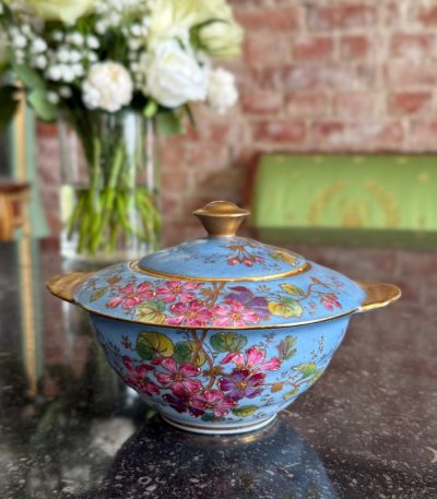 Antik fransk Limoges porcelæn sukkerskål med blomstermaling og forgyldning (6716)