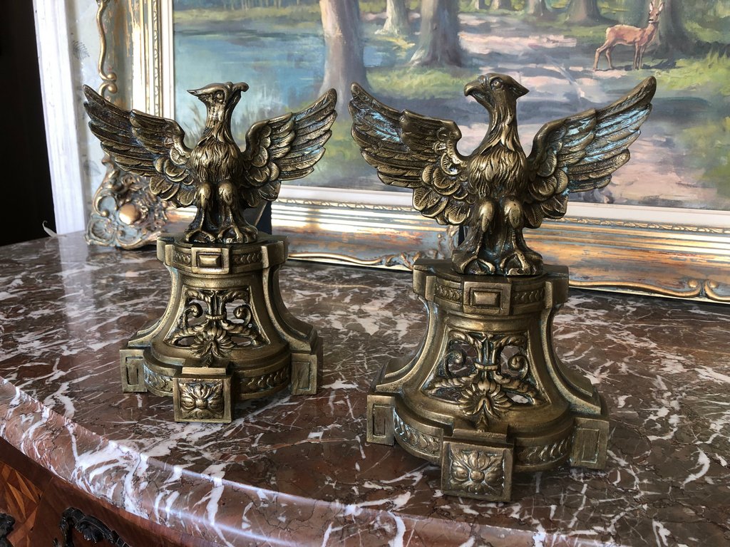 Pair of antique gilt-bronze eagle andirons on neoclassical plinths